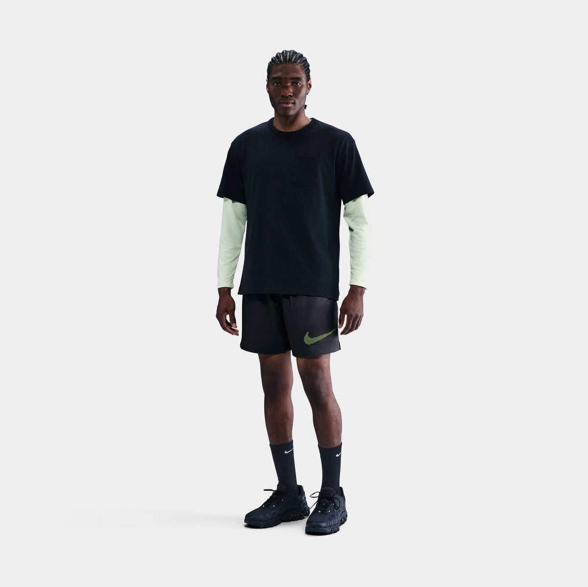 Exclusive Club Flow Swoosh Woven Mens Shorts (Cool Grey/Volt) — S — Front View
