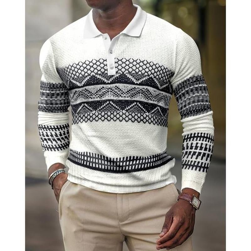 Exclusive 3D Digital Pattern Lapel POLO Long Sleeve Men's — 1 Style — Size S — Front View