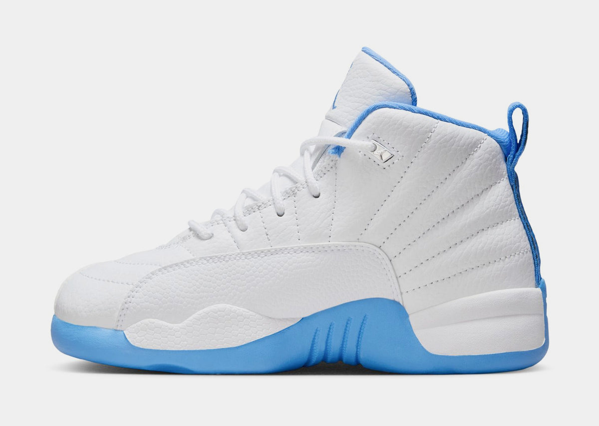 Exclusive Air Jordan 12 Retro White and University Blue Preschool Lifestyle Shoes (White/University Blue/Metallic Silver) Free Shipping — 10.5C — Back View