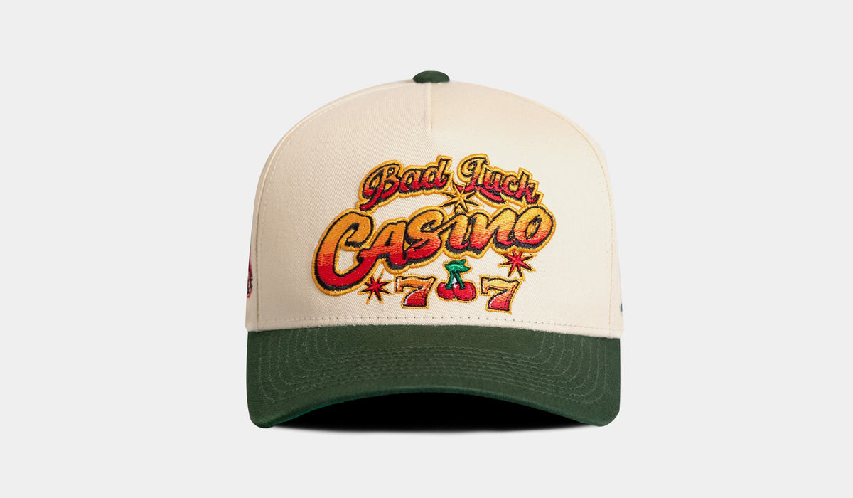 Exclusive Bad Luck Casino Snapback Mens Hat (Beige/Green) — OS — Front View