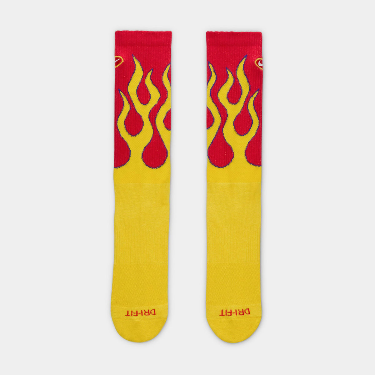 Exclusive Everyday Plush Cushioned Crew Flames Mens Socks (University Red/Tour Yellow/White) — S — Front View