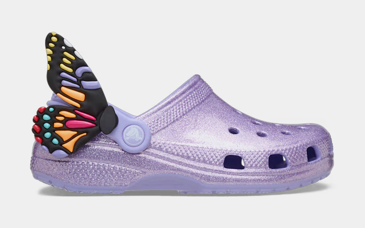 Exclusive Classic Clog I Am Butterfly Infant Toddler Sandals (Purple/Black) — 4C — Front View