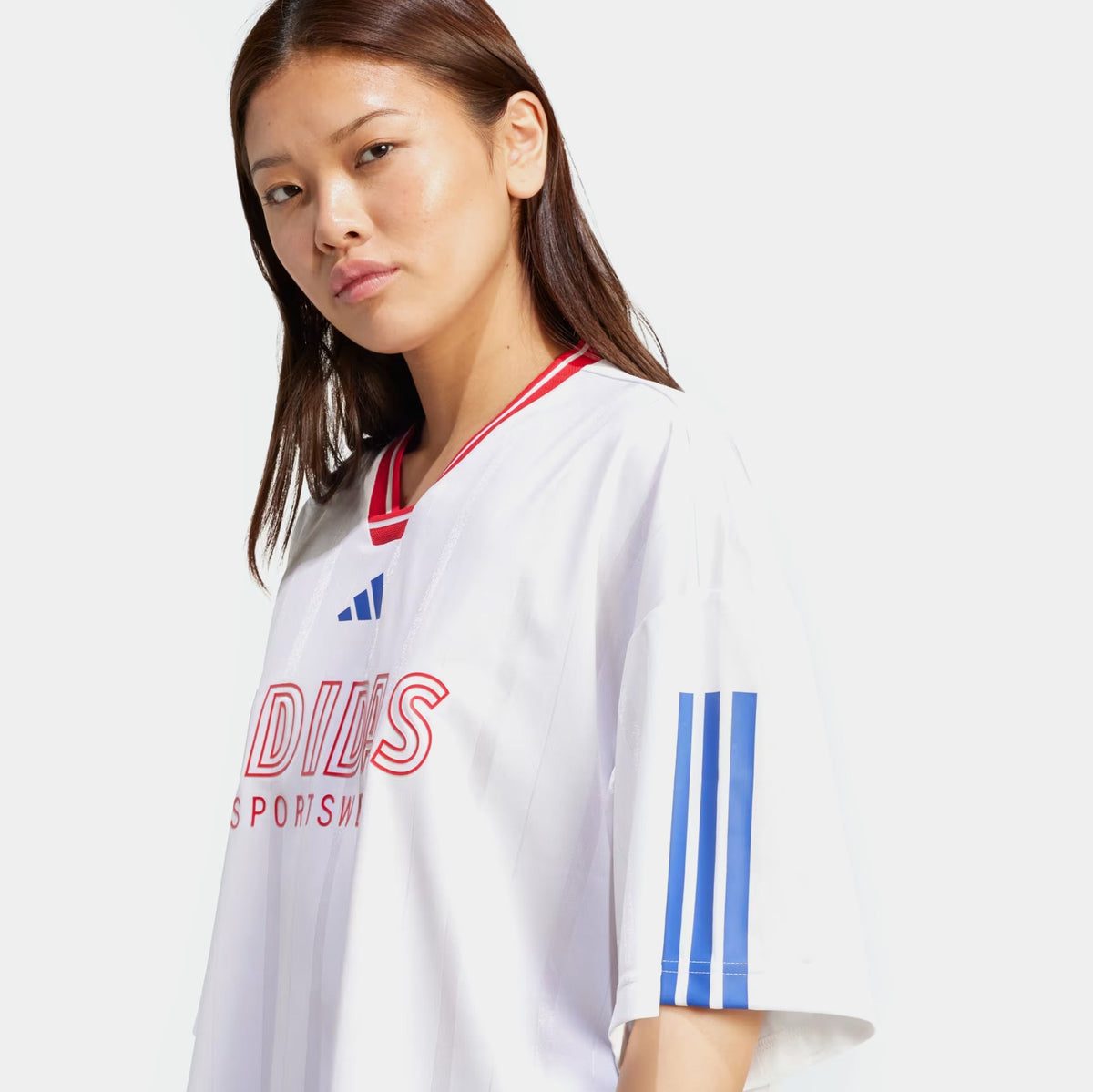Exclusive Tiro Nations Boyfriend Womens Short Sleeve Shirt (White/Pure Ruby/Semi Lucid Blue) — XS — Back View