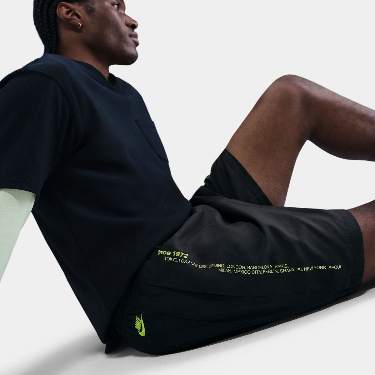 Exclusive Club Flow Swoosh Woven Mens Shorts (Cool Grey/Volt) — S — Back View