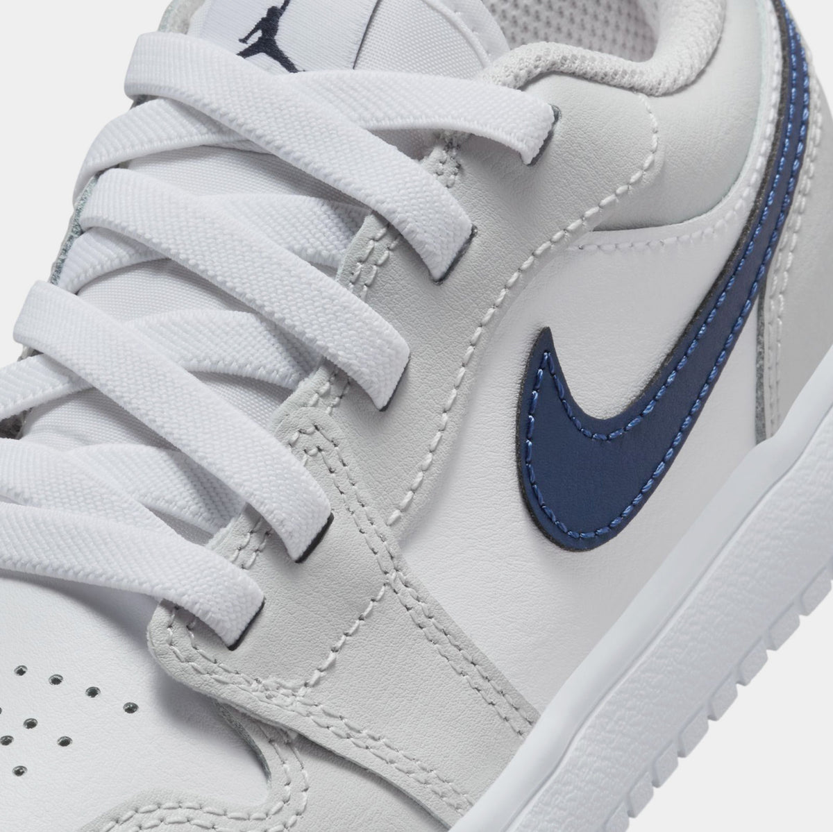 Exclusive Air Jordan 1 Low ALT Preschool Basketball Shoes (White/Midnight Navy/Neutral Grey) — 10.5C — Detail View