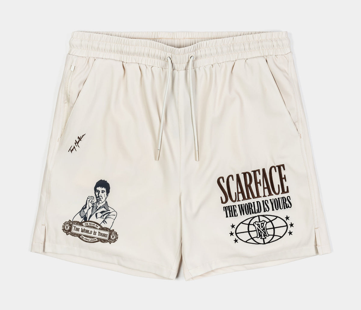 Exclusive SP x Scarface Icon Hybrid Mens Shorts (Beige/Taupe) — S — Front View