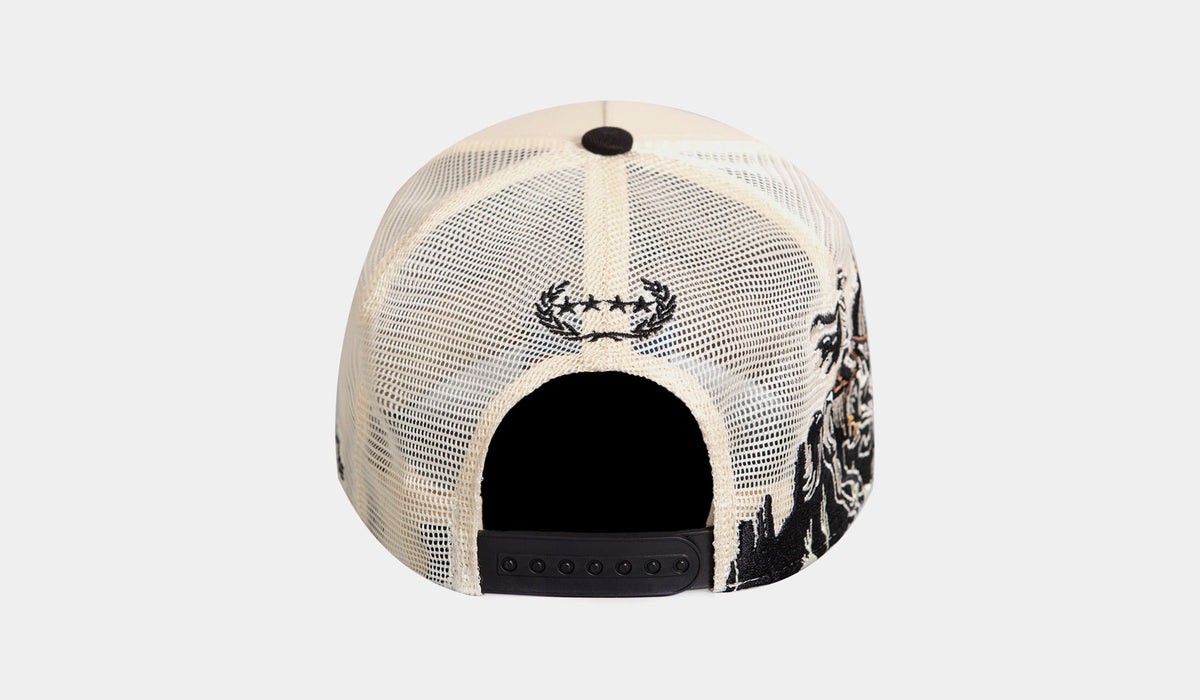 Exclusive Road Is Nowhere Trucker Mesh Mens Hat (Beige/Black) — OS — Top View