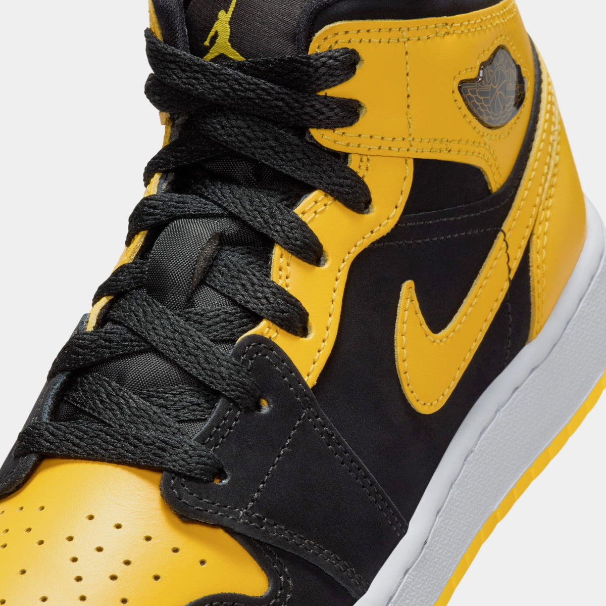 Exclusive Air Jordan 1 Mid Grade School Lifestyle Shoes ( Black/White/Varsity Maize) — 3.5Y — Detail View