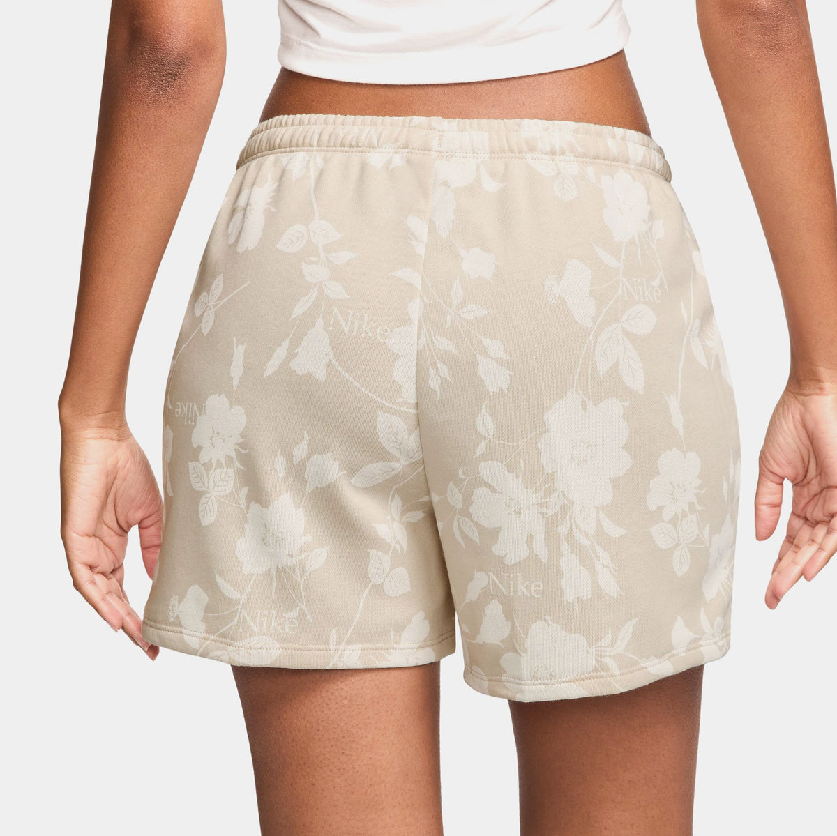 Exclusive Chill Terry Mid Rise 4" All Over Print Womens Shorts (Light Orewood Brown/Sail) — XS — Side View