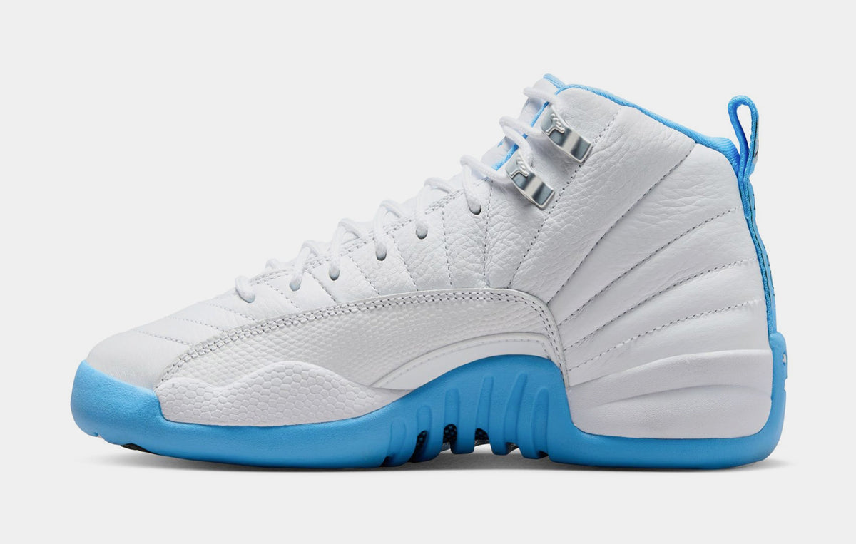 Exclusive Air Jordan 12 Retro White and University Blue Grade School Lifestyle Shoes (White/University Blue/Metallic Silver) — 3.5Y — Back View