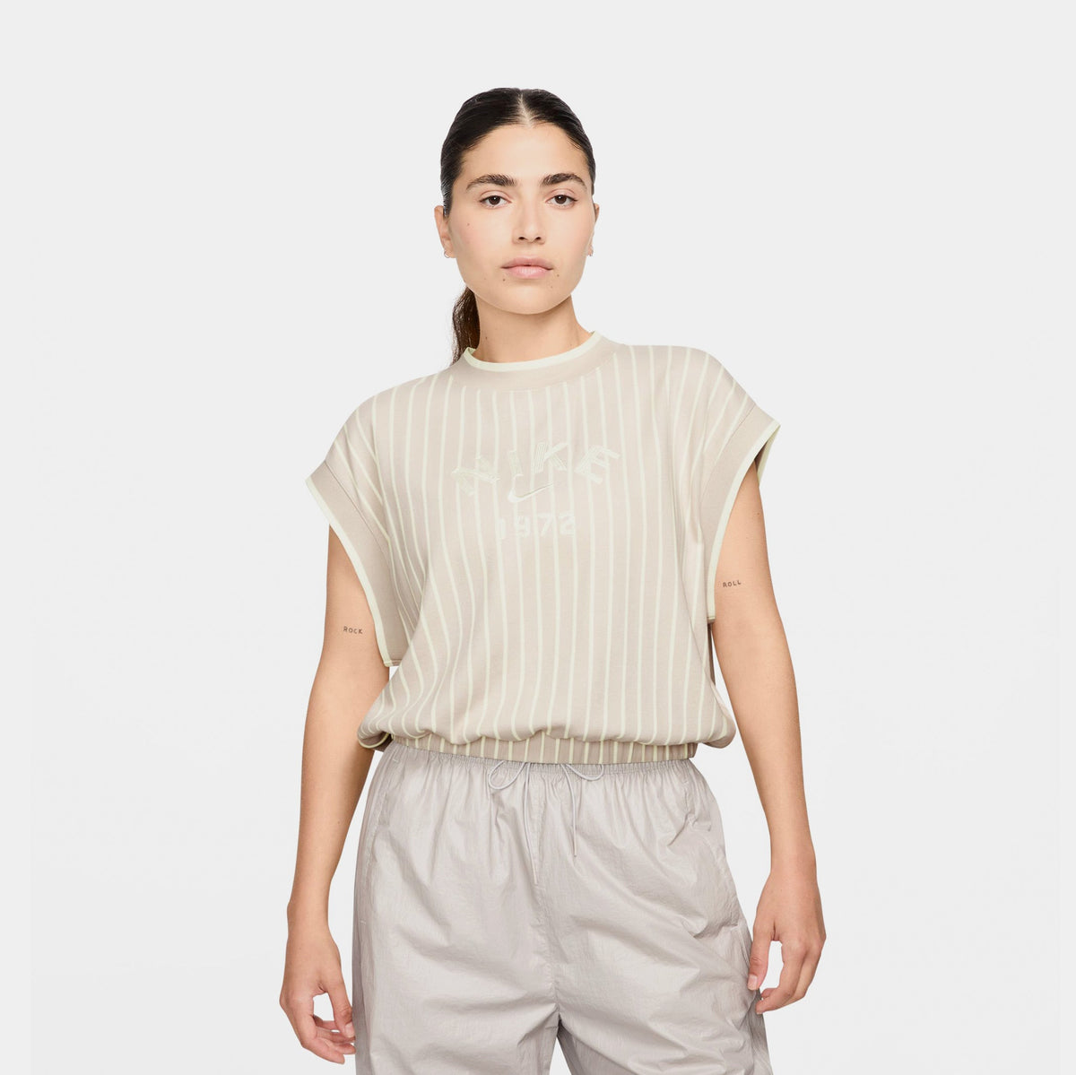 Exclusive NSW Collection Loose Knit Tank Womens Short Sleeve (Light Orewood Brown/Sail/Barely Volt/White) — XS — Front View