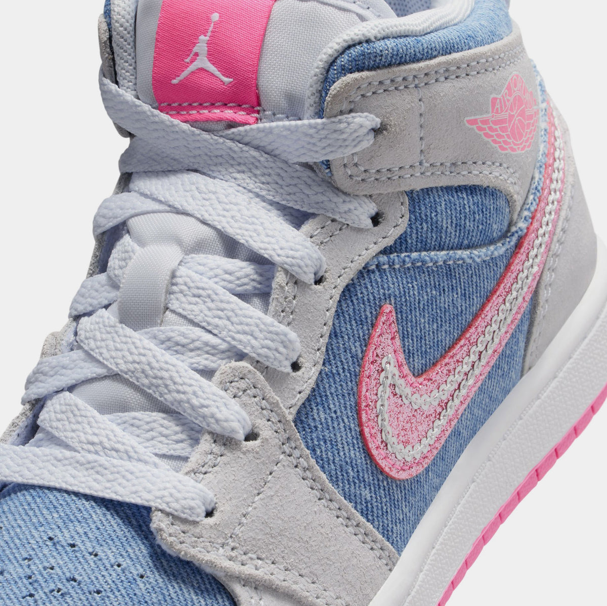 Exclusive Air Jordan 1 Mid SE Preschool Lifestyle Shoes (Cobalt Bliss/White/Pink Glow) — 10.5C — Detail View