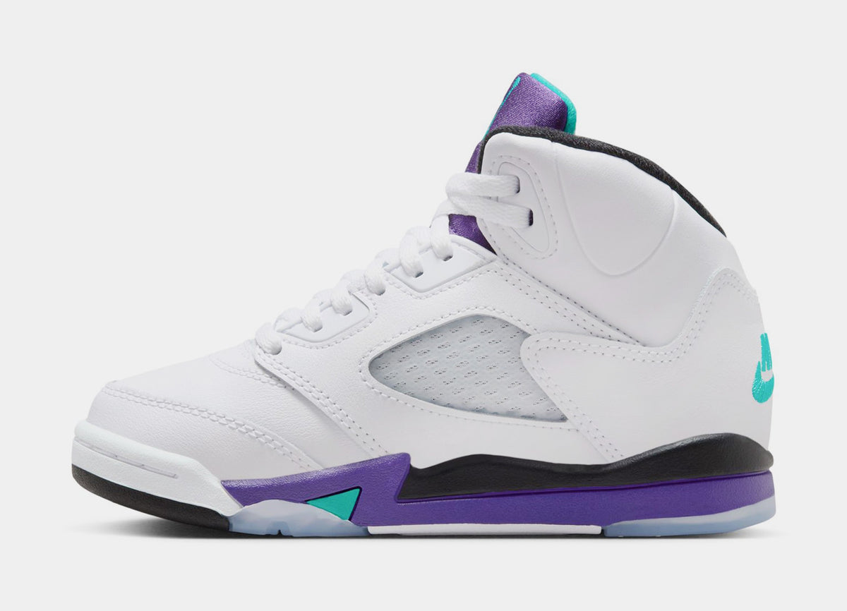 Exclusive Air Jordan 5 Retro Grape Preschool Lifestyle Shoes (White/New Emerald/Grape Ice/Black) — 10.5C — Back View