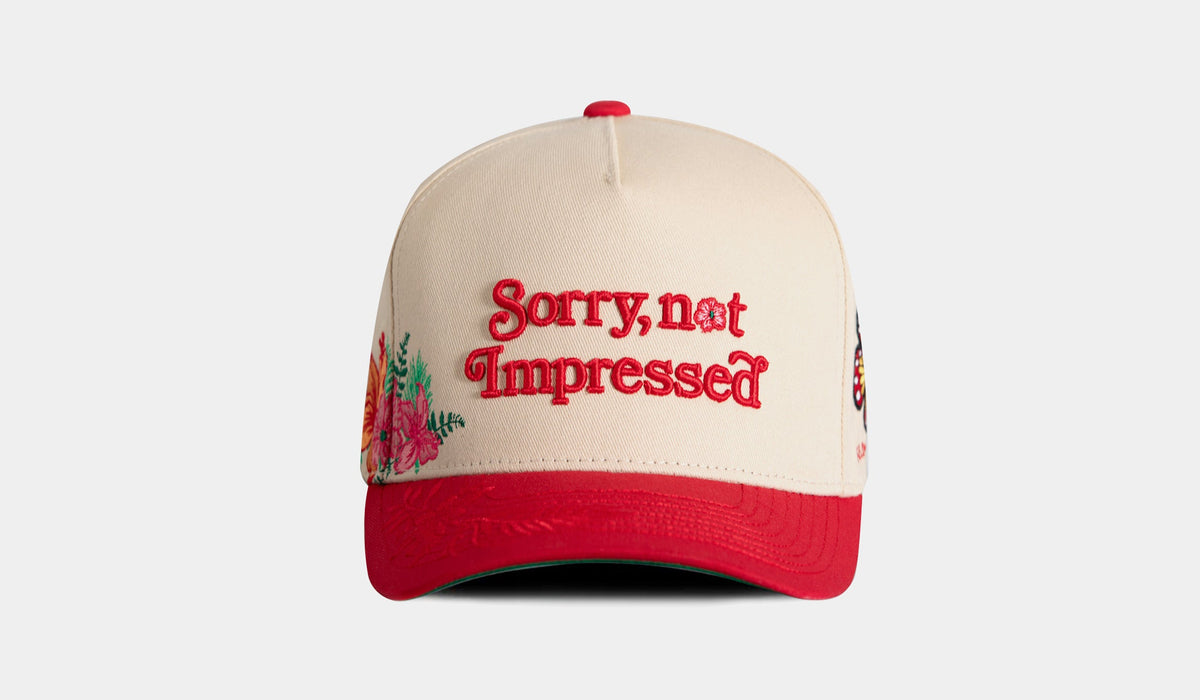 Exclusive Sorry Not Impressed Snapback Mens Hat (Beige/Red) — OS — Front View