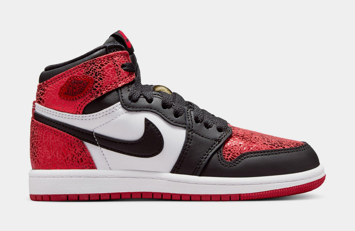 Exclusive Air Jordan 1 Retro High OG Ruby Preschool Lifestyle Shoes (Varsity Red/Black/White) — 10.5C — Front View