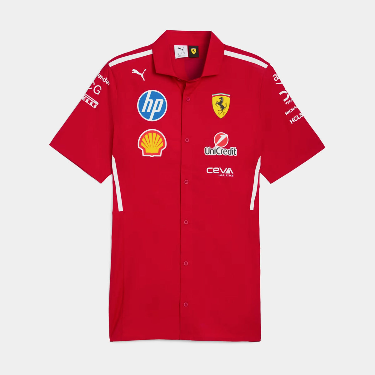 Exclusive Scuderia Ferrari 2025 Team Mens Short Sleeve Shirt (Dark Cherry/White) — S — Front View