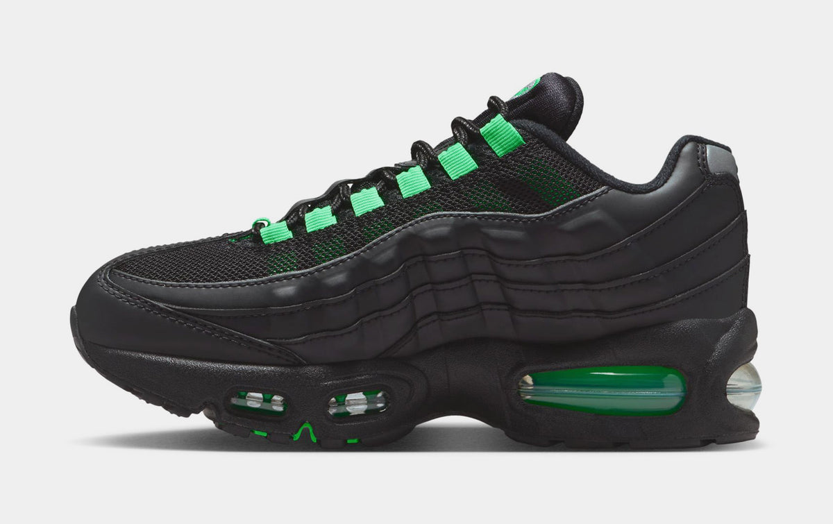 Exclusive Air Max 95 Grade School Lifestyle Shoes (Black/Black/Pearl Grey/Green Shock) — 3Y — Back View