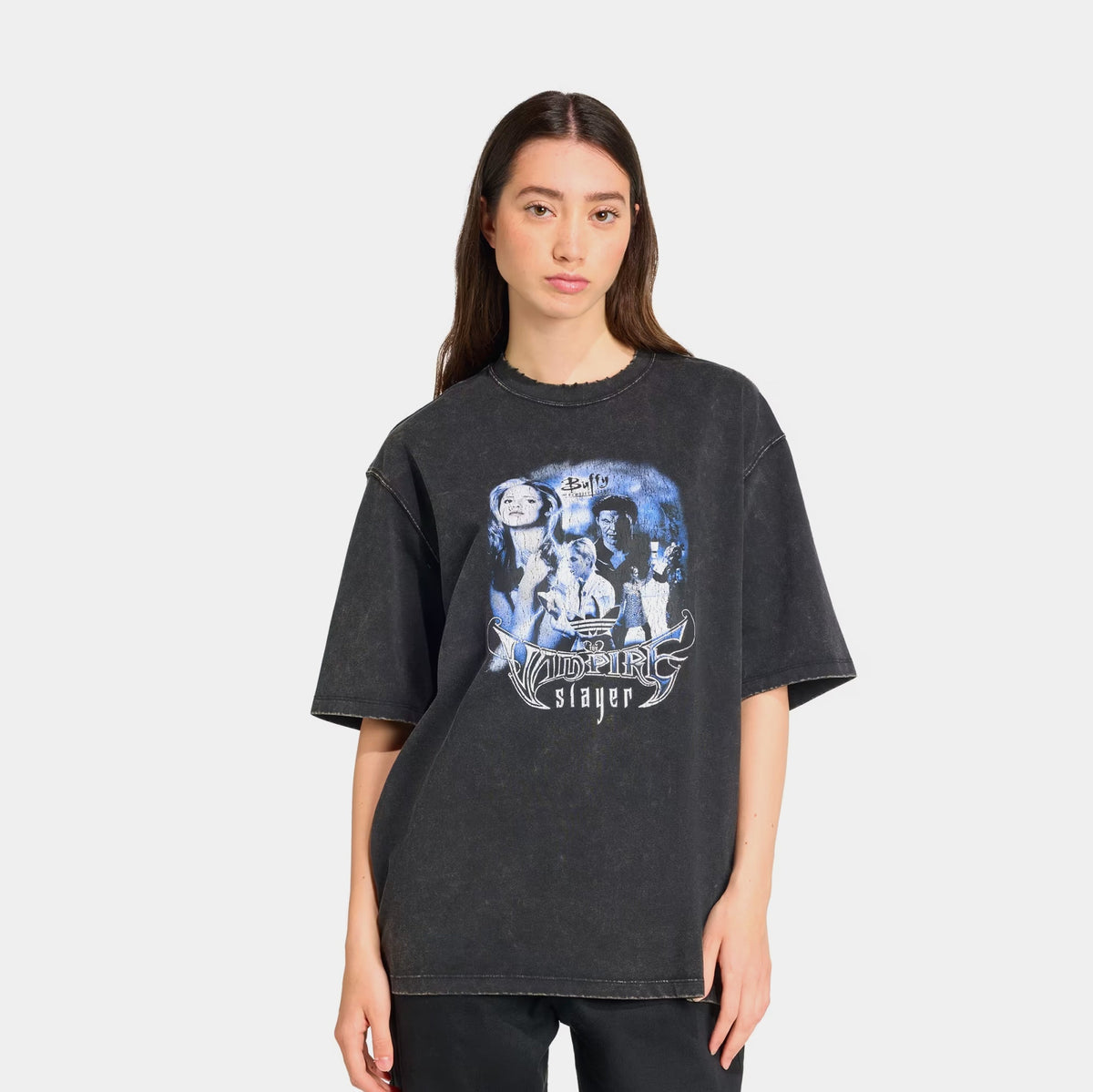Exclusive Buffy The Vampire Slayer Oversized Washed Womens Short Sleeve Shirt (Black/Purple) — XS — Front View