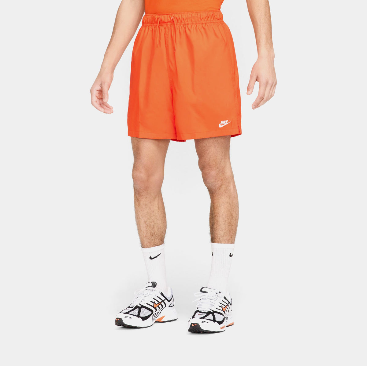 Exclusive Club Woven Flow Mens Shorts (Safety Orange/White) — S — Front View