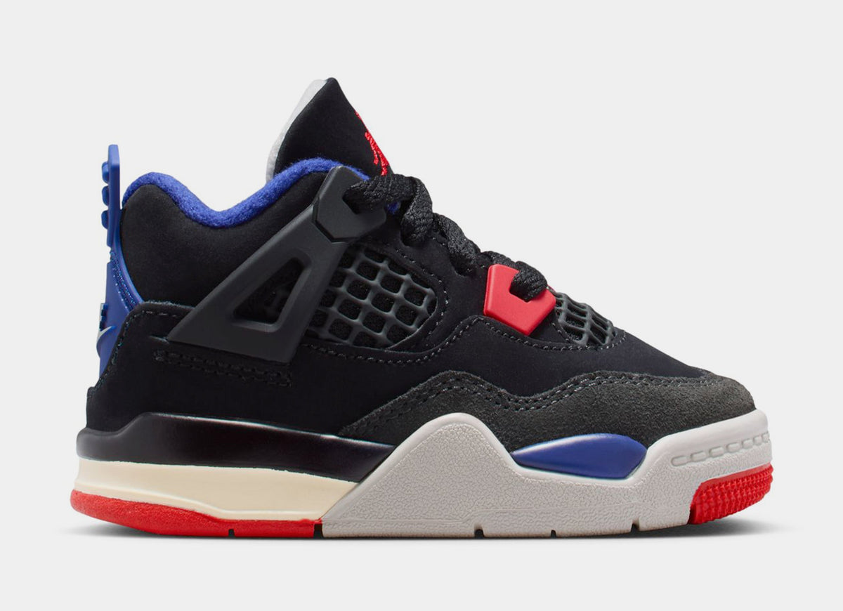 Exclusive Air Jordan 4 Retro Rare Air Infant Toddler Lifestyle Shoes (Black/Fire Red/Deep Royal Blue/Dark Smoke Grey/Tech Grey) — 2C — Front View
