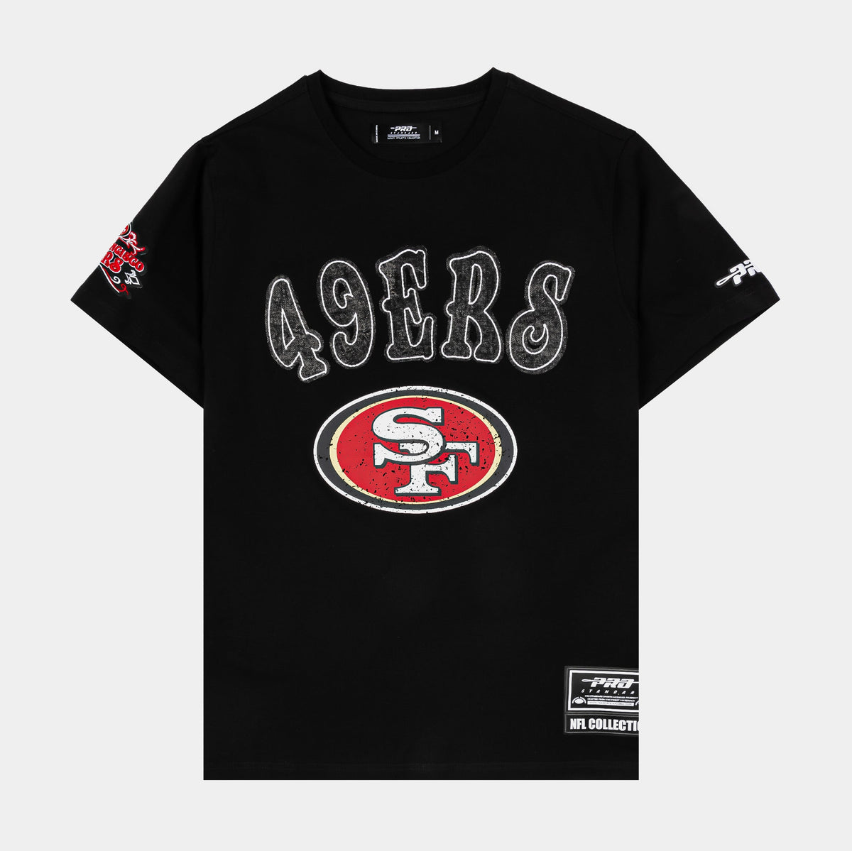 Exclusive San Francisco 49ers Stacked Mens Short Sleeve Shirt (Black/Red) — S — Front View