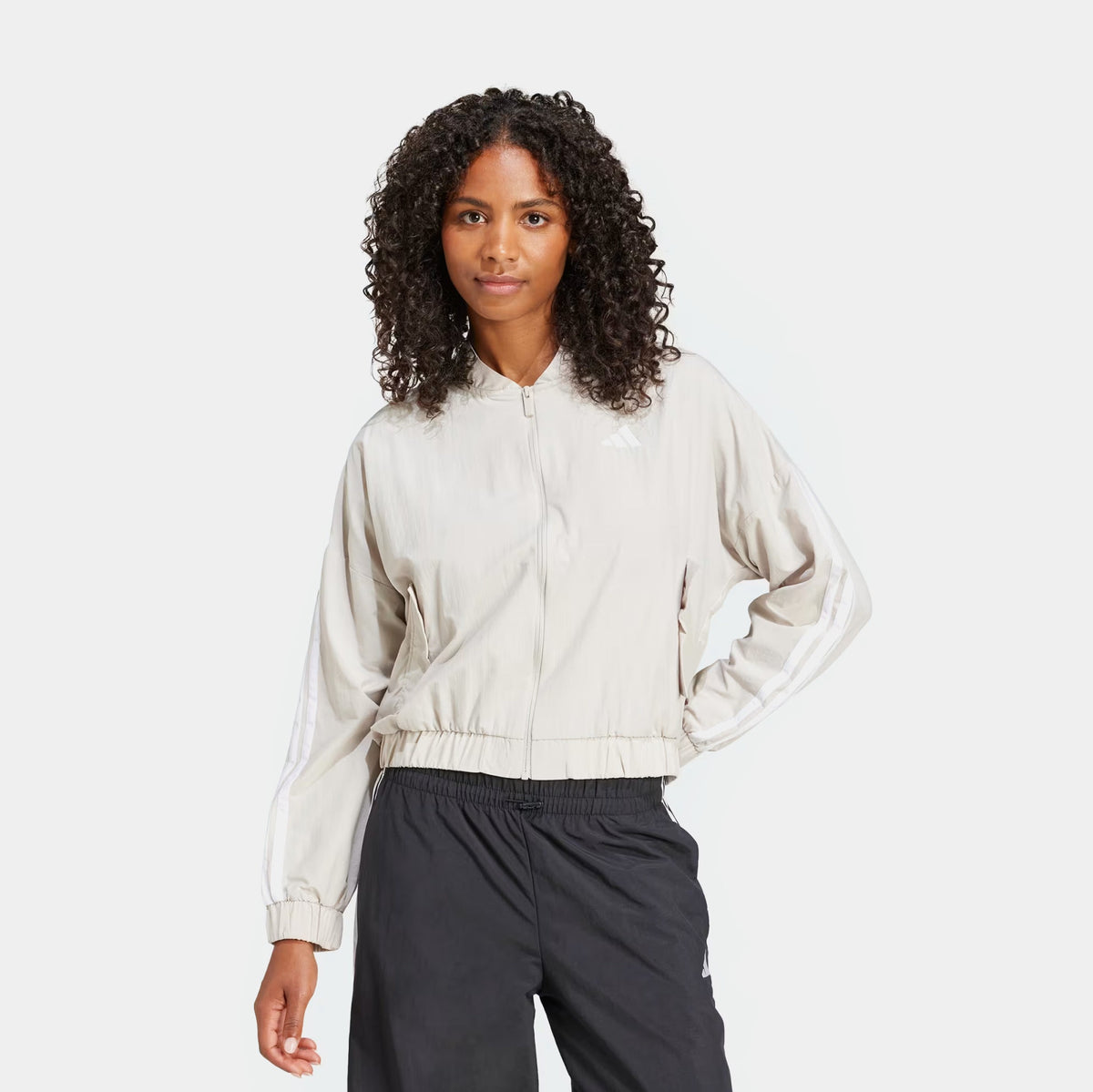 Exclusive 3 Stripes Woven Bomber Womens Jacket (Beige/White) — XS — Front View