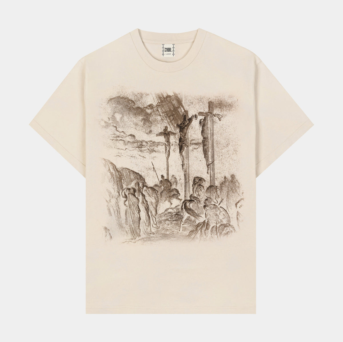 Exclusive Crucifix Mens Short Sleeve Shirt (Beige/Brown) — XS — Front View