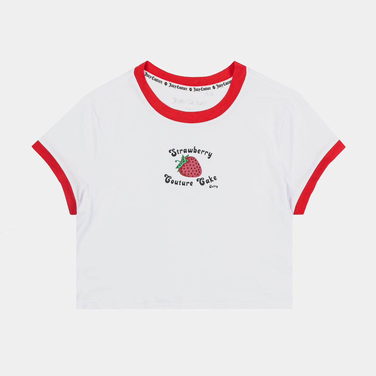 Exclusive Strawberry Ringer Baby Tee Womens Short Sleeve Shirt (White/Red) — XS — Front View