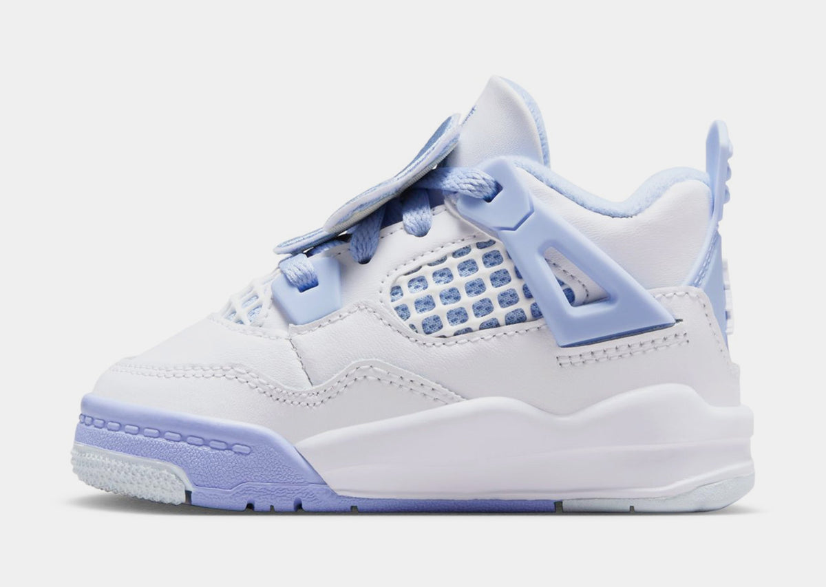Exclusive Air Jordan 4 Retro Aluminum Infant Toddler Lifestyle Shoes (White/Aluminum Blue/Tint Oil Green) — 2C — Back View