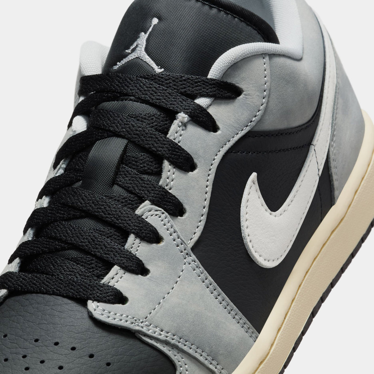 Exclusive Air Jordan 1 Low SE Mens Lifestyle Shoes (Light Smoke Grey/White/Off Noir) — 7 — Detail View