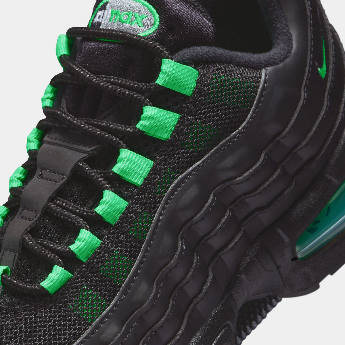 Exclusive Air Max 95 Grade School Lifestyle Shoes (Black/Black/Pearl Grey/Green Shock) — 3Y — Detail View