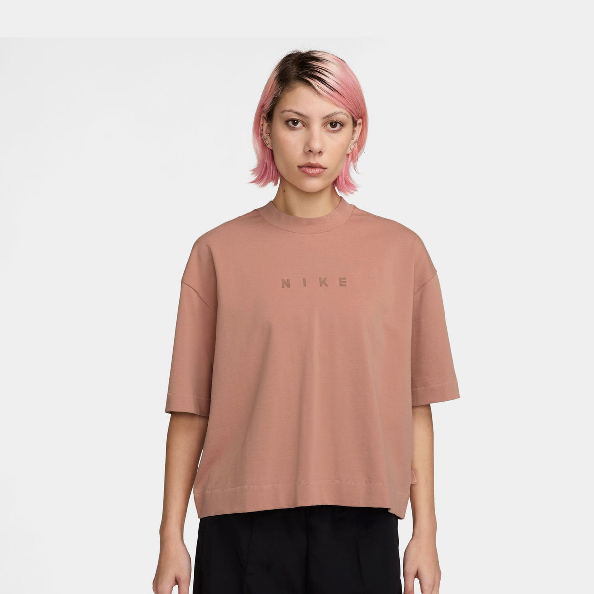Exclusive NSW Graphic Boxy Womens Short Sleeve Shirt (Rose Gold) — XS — Front View