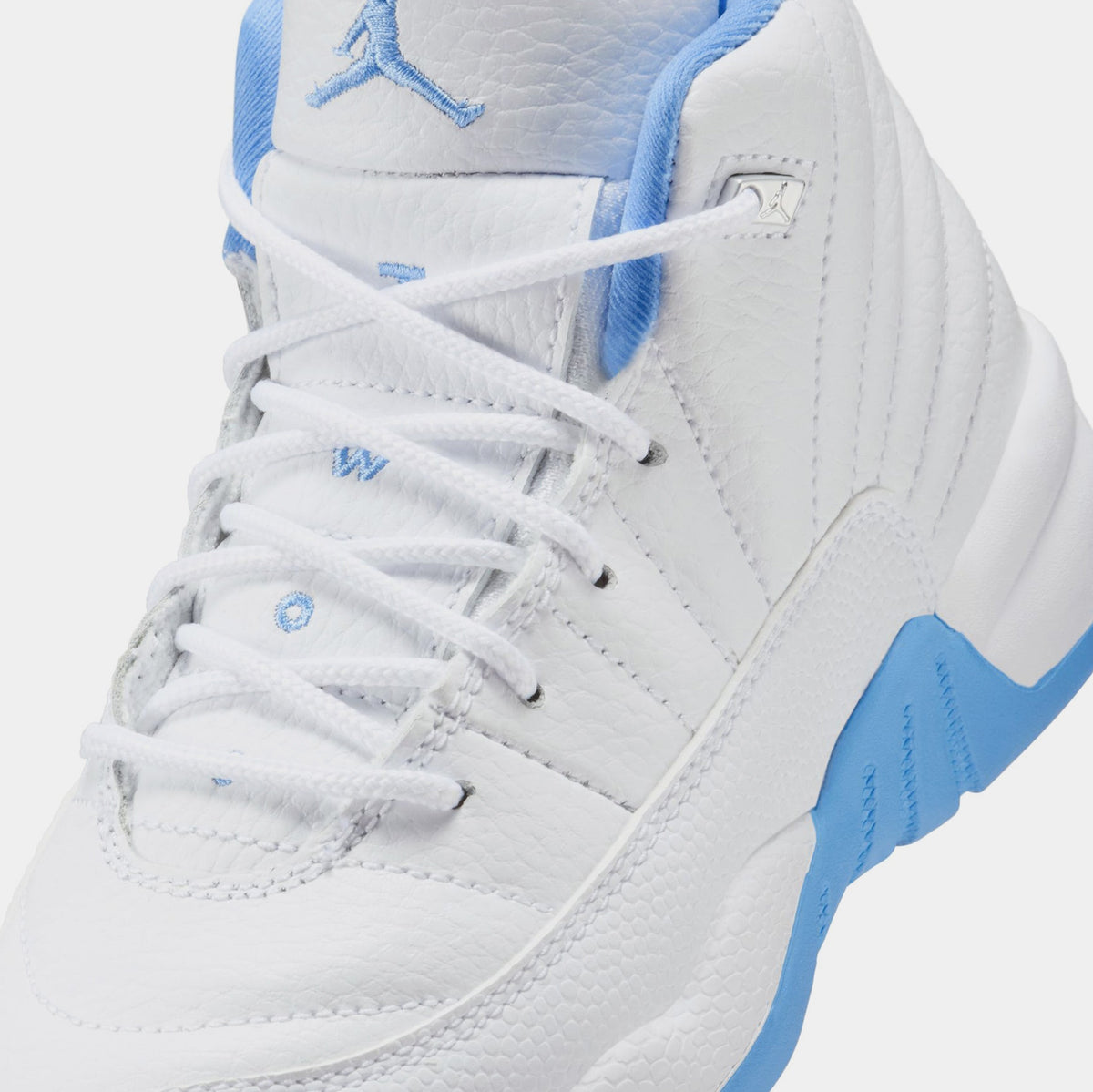 Exclusive Air Jordan 12 Retro White and University Blue Preschool Lifestyle Shoes (White/University Blue/Metallic Silver) Free Shipping — 10.5C — Detail View