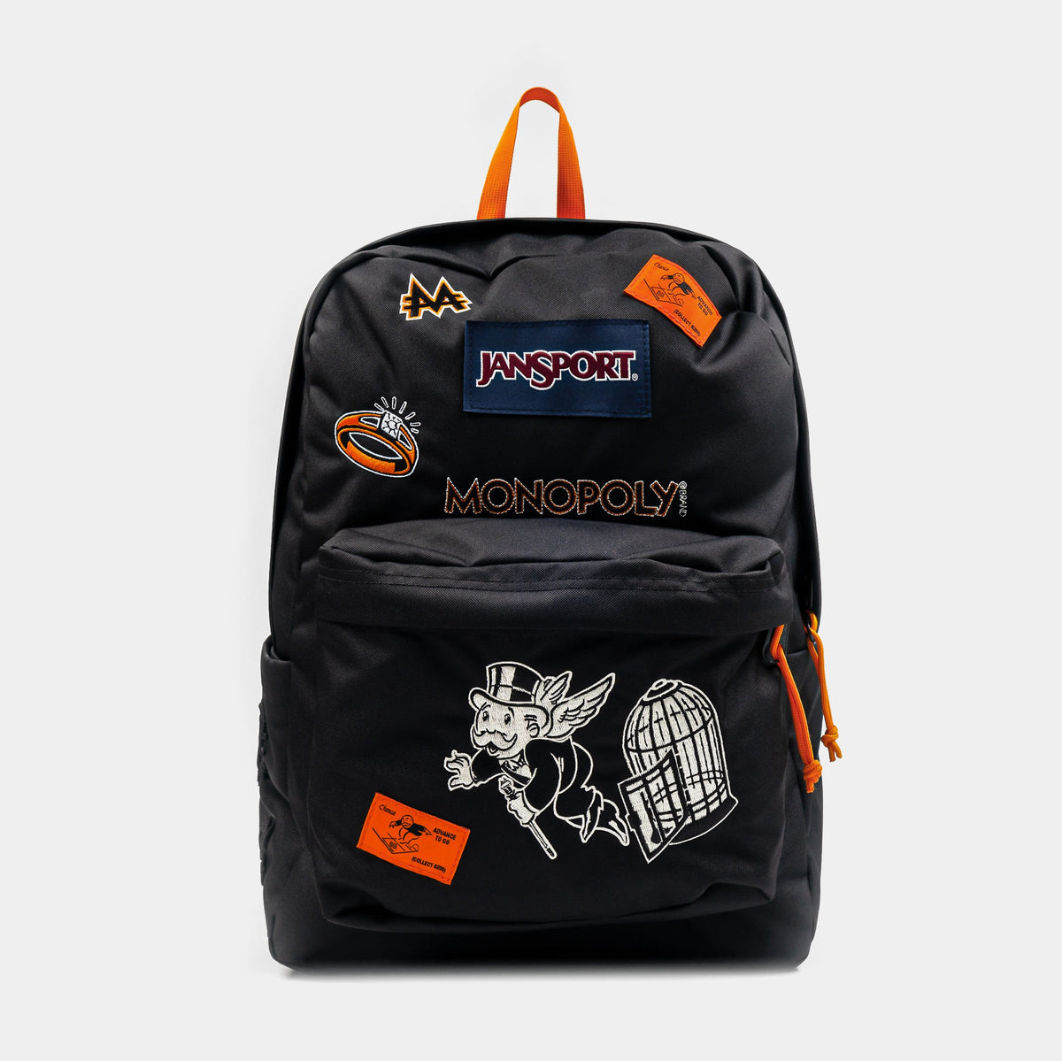 Exclusive Shoe Palace x Jansport x Monopoly Chance Mens Backpack (Black/Orange) — OS — Front View