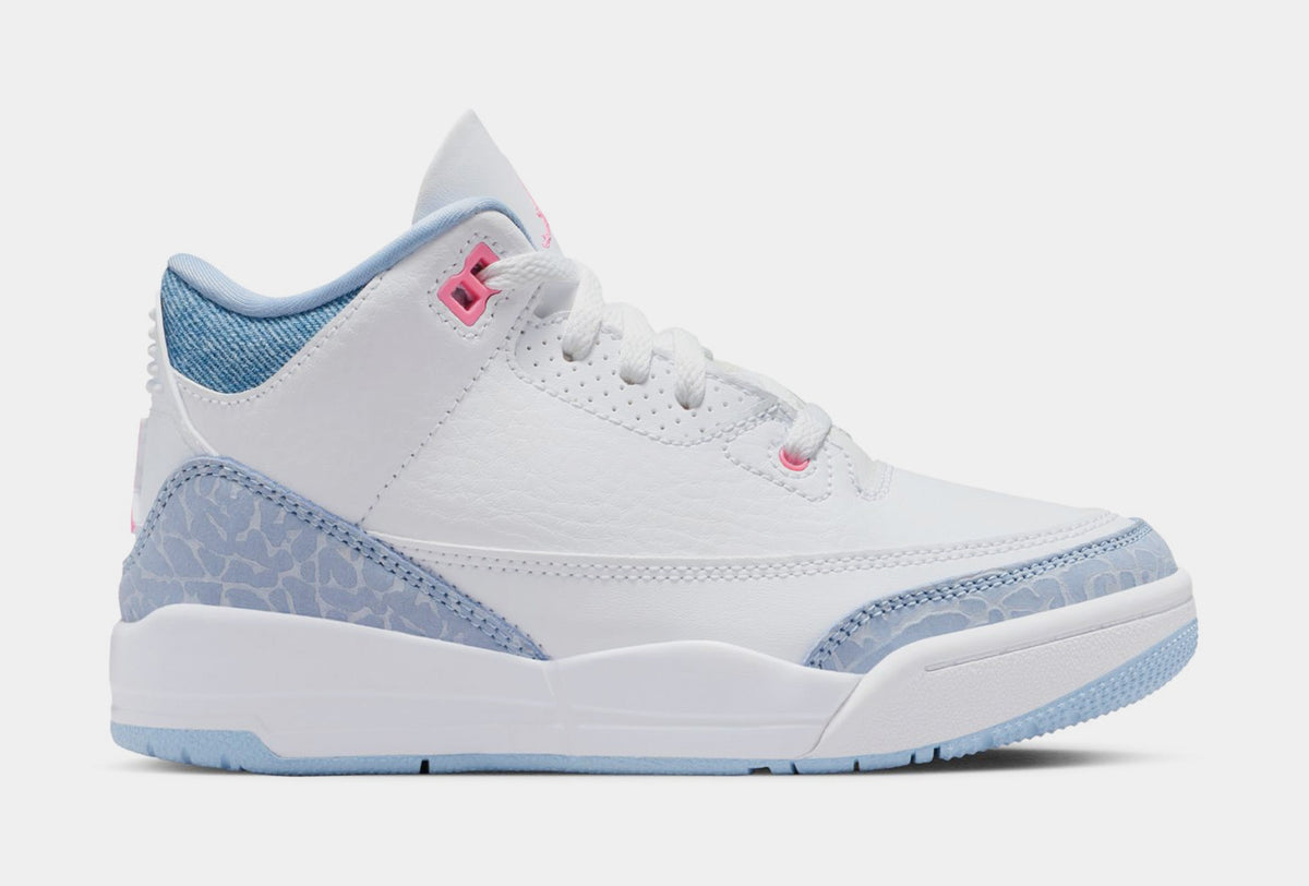 Exclusive Air Jordan 3 Retro Cobalt Bliss Preschool Lifestyle Shoes (White/Cobalt Bliss/Football Grey/Pink Glow) — 10.5C — Front View