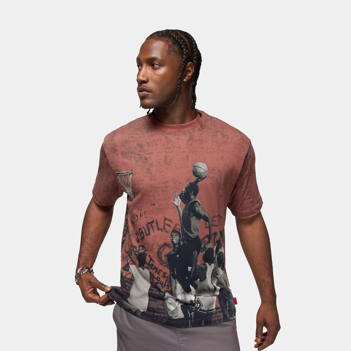 Exclusive Air Jordan 85 Graphic Crew Mens Short Sleeve Shirt (Red/Black) — S — Front View