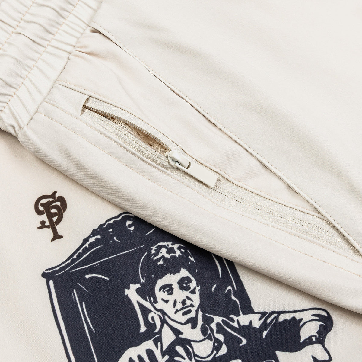 Exclusive SP x Scarface Icon Hybrid Mens Shorts (Beige/Taupe) — S — Back View