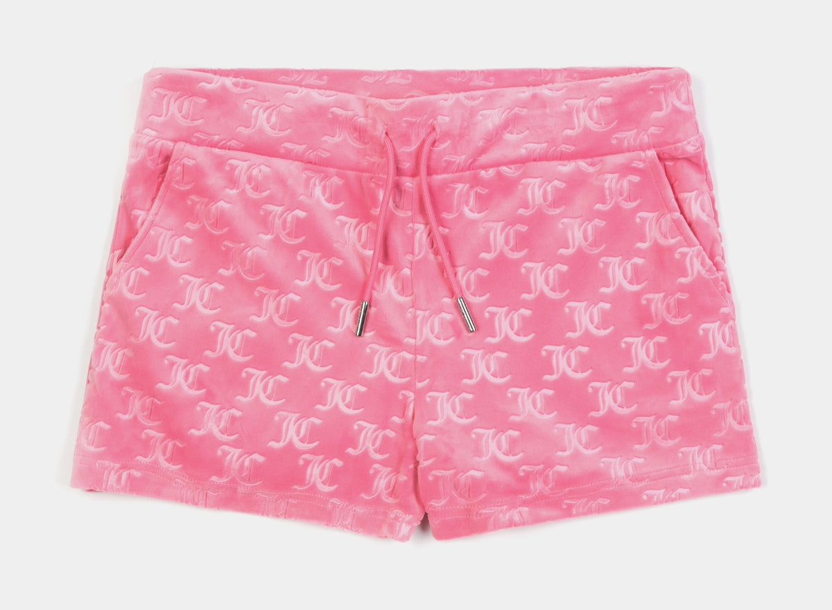 Exclusive Embroidered Hot Fix Velour Womens Shorts (Pink) — XS — Front View