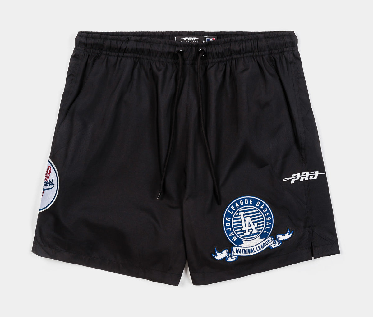 Exclusive Los Angeles Dodgers Team Badge Woven Mens Shorts (Black/Blue) — S — Front View