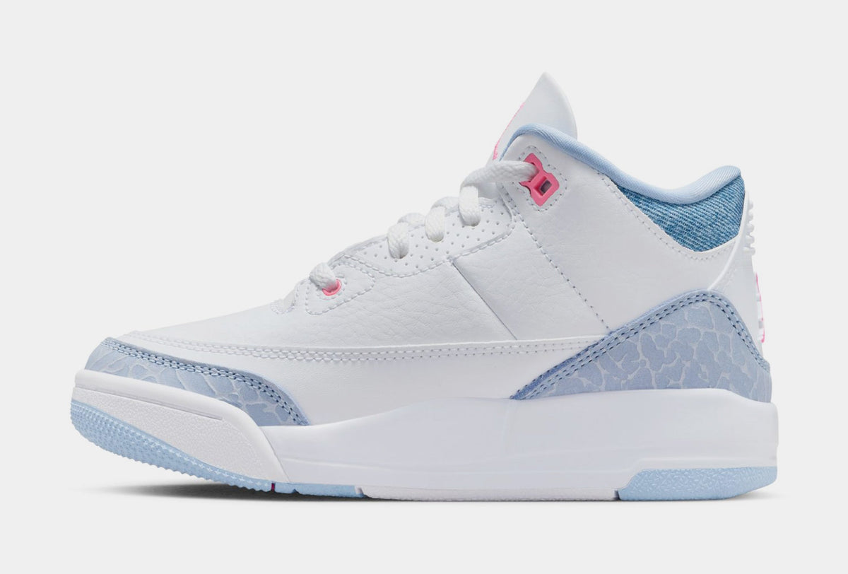 Exclusive Air Jordan 3 Retro Cobalt Bliss Preschool Lifestyle Shoes (White/Cobalt Bliss/Football Grey/Pink Glow) — 10.5C — Back View