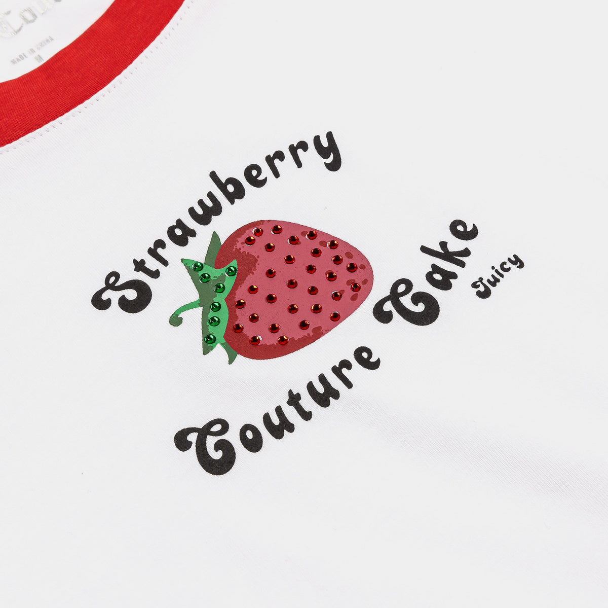 Exclusive Strawberry Ringer Baby Tee Womens Short Sleeve Shirt (White/Red) — XS — Back View
