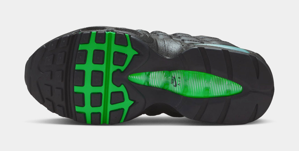 Exclusive Air Max 95 Grade School Lifestyle Shoes (Black/Black/Pearl Grey/Green Shock) — 3Y — Top View