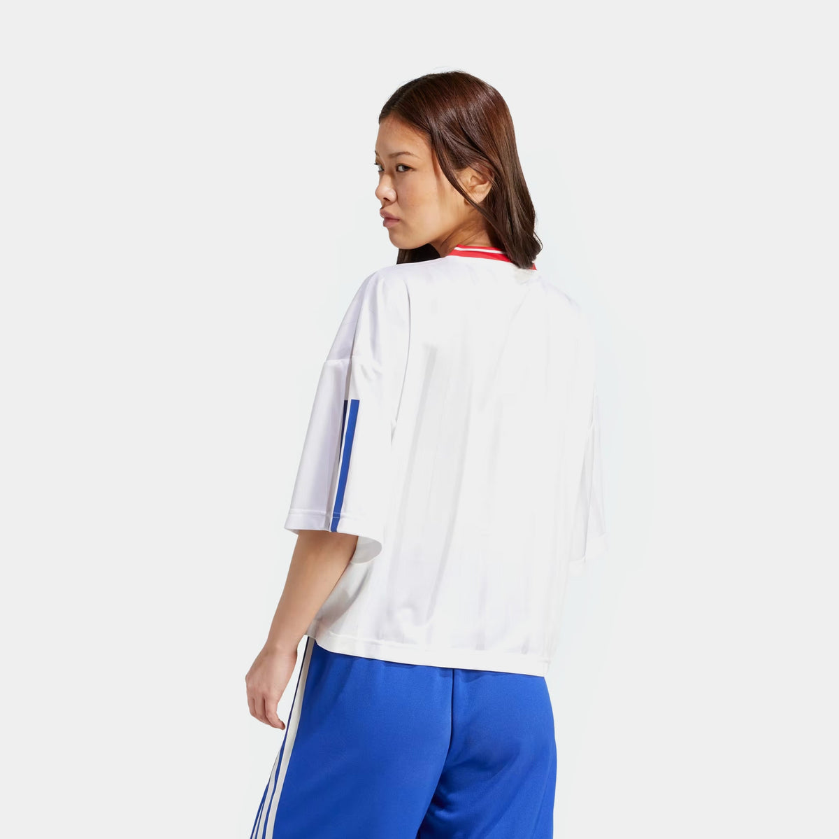 Exclusive Tiro Nations Boyfriend Womens Short Sleeve Shirt (White/Pure Ruby/Semi Lucid Blue) — XS — Side View