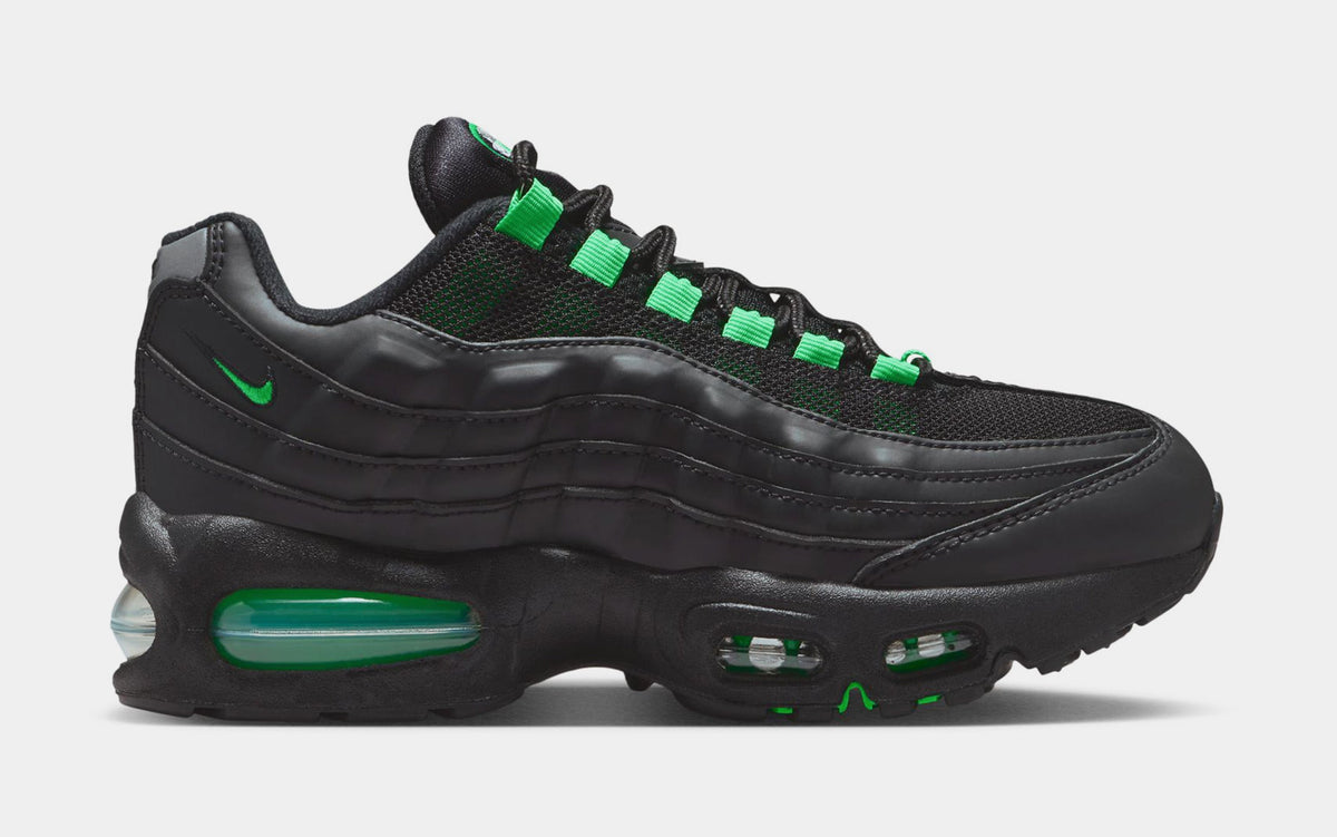 Exclusive Air Max 95 Grade School Lifestyle Shoes (Black/Black/Pearl Grey/Green Shock) — 3Y — Front View