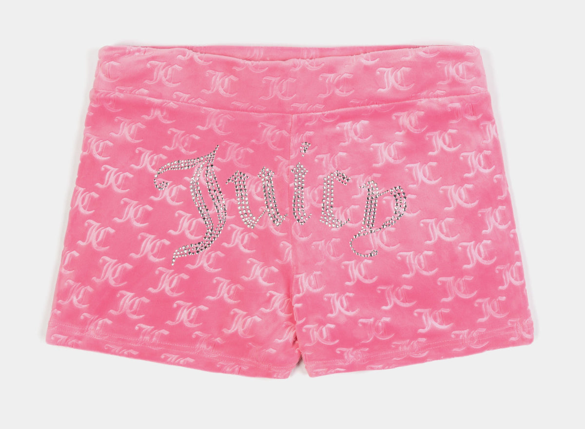 Exclusive Embroidered Hot Fix Velour Womens Shorts (Pink) — XS — Side View