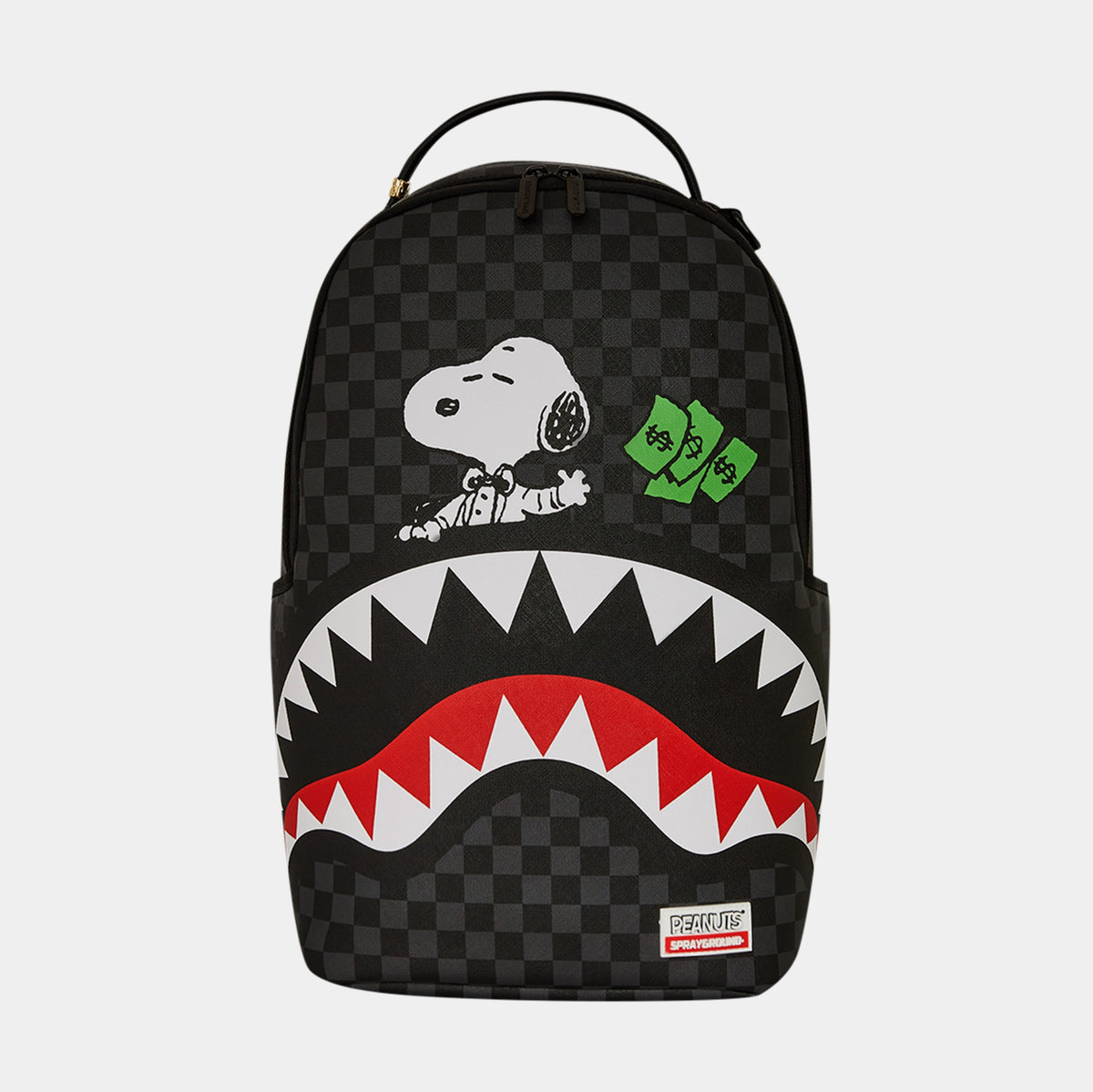 Exclusive Peanuts Snoopy Top Shark Money Mens Backpack (Black/Grey) — OS — Front View