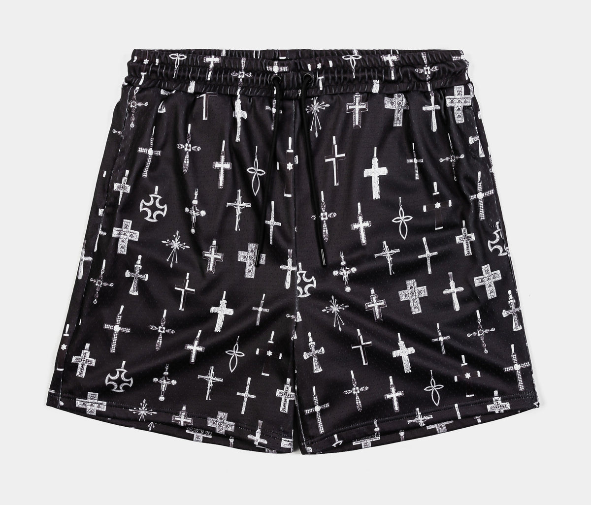 Exclusive All Over Print Crosses Mesh Mens Shorts (Black/Grey) — S — Front View