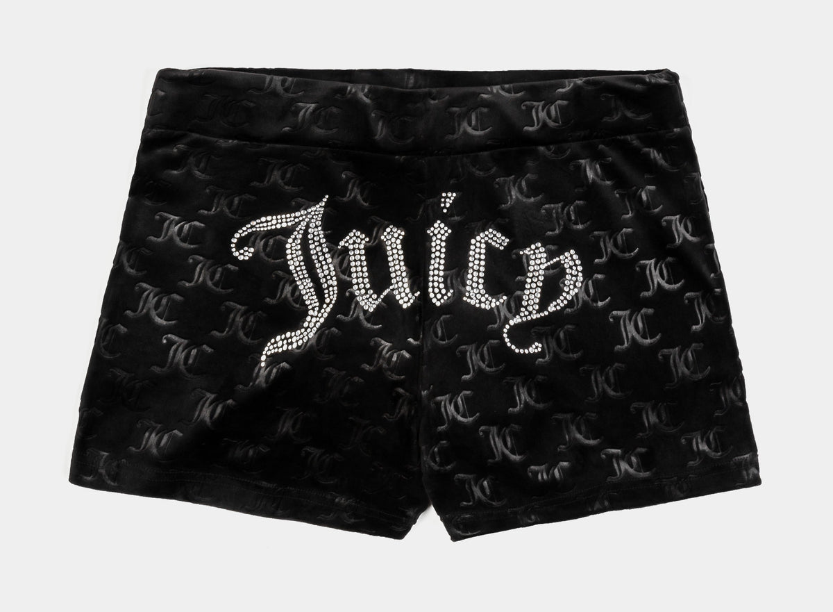 Exclusive Embroidered Hot Fix Velour Womens Shorts (Black) — XS — Side View