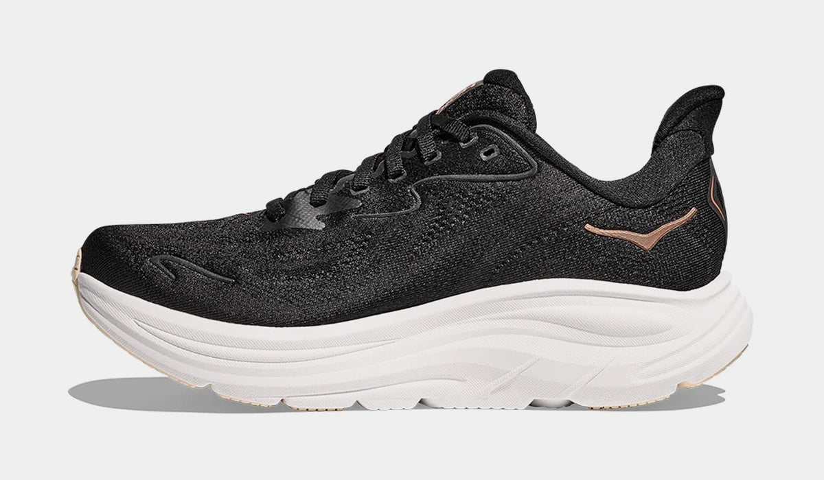 Exclusive Clifton 10 Womens Running Shoes (Black/Rose Gold) — 5 — Back View