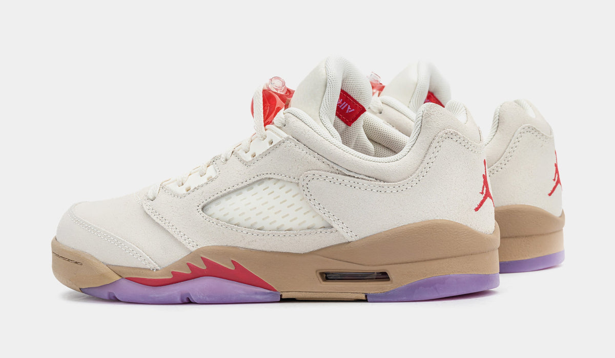 Exclusive Air Jordan 5 Retro Low Grade School Lifestyle Shoes (Pale Ivory/Fusion Red/Desert) — 3.5Y — Detail View